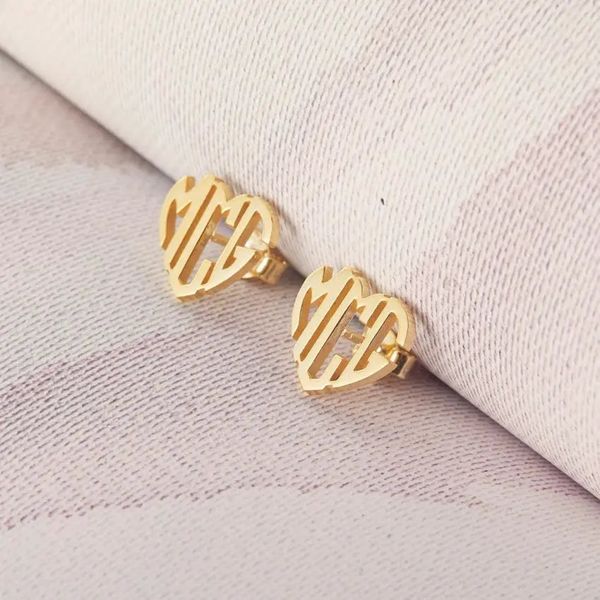 Bohemia Monogram earrings: gold-tone stainless steel heart-shaped initials stud earrings