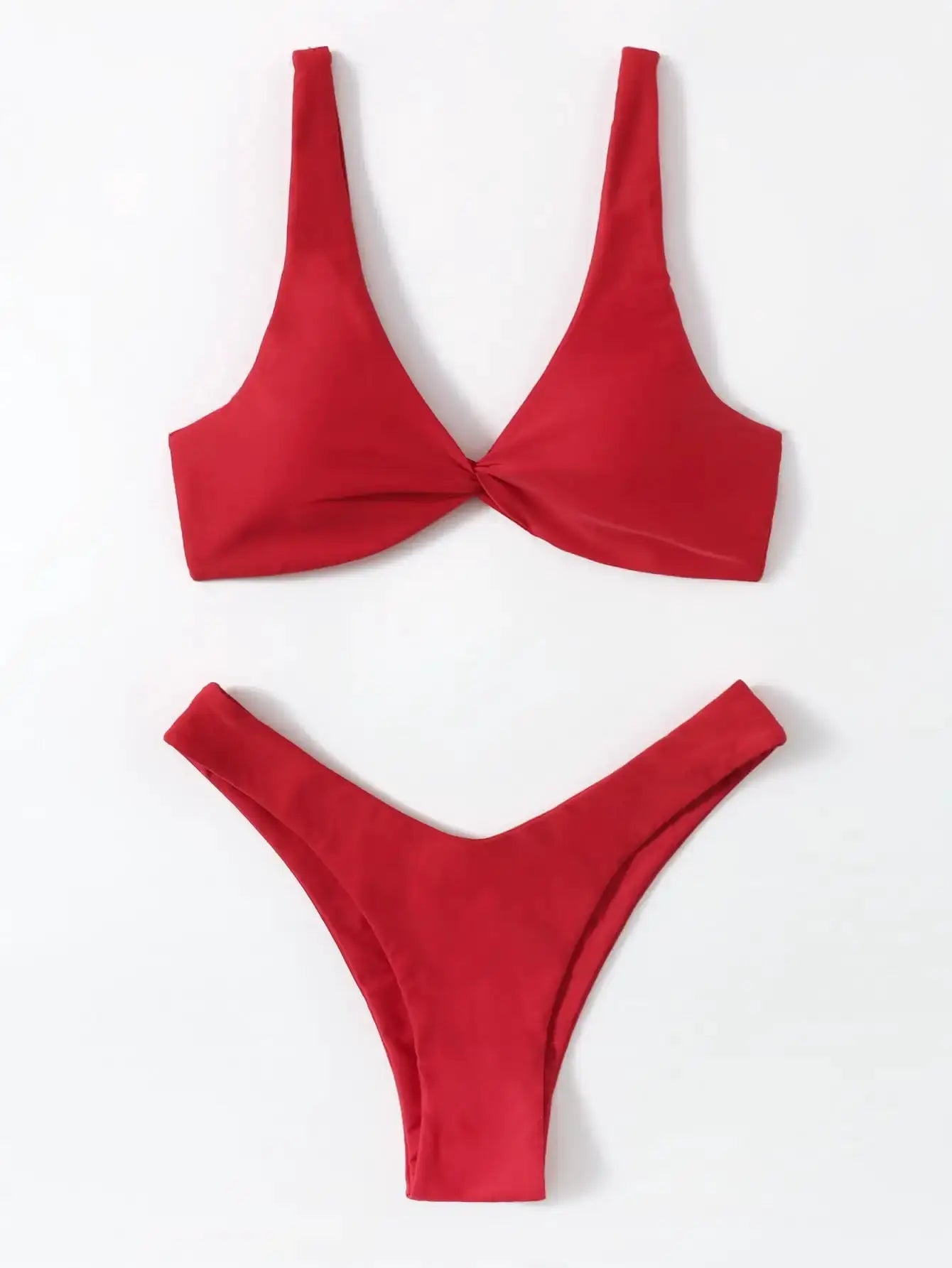 Red solid bikini set with knot-front padded top and high-cut bottom, two-piece swimsuit