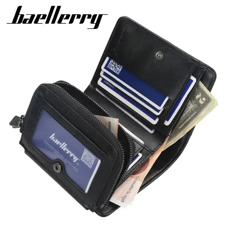 Men's Baellerry black PU leather wallet with zipper pocket, card slots, and coin holder