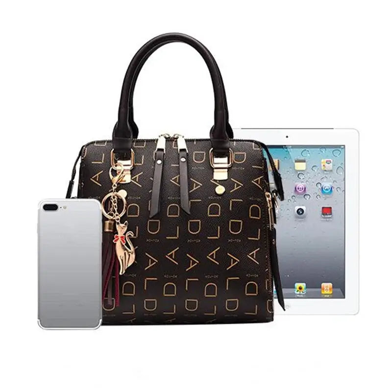 Simples Market Fashion English Letter Handbag, PU leather with tassel top-handle, black with gold letters large capacity