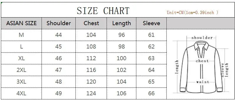 Size chart for men's wool coat with Asian sizes M–4XL; shows shoulder, chest, length and sleeve measurements.