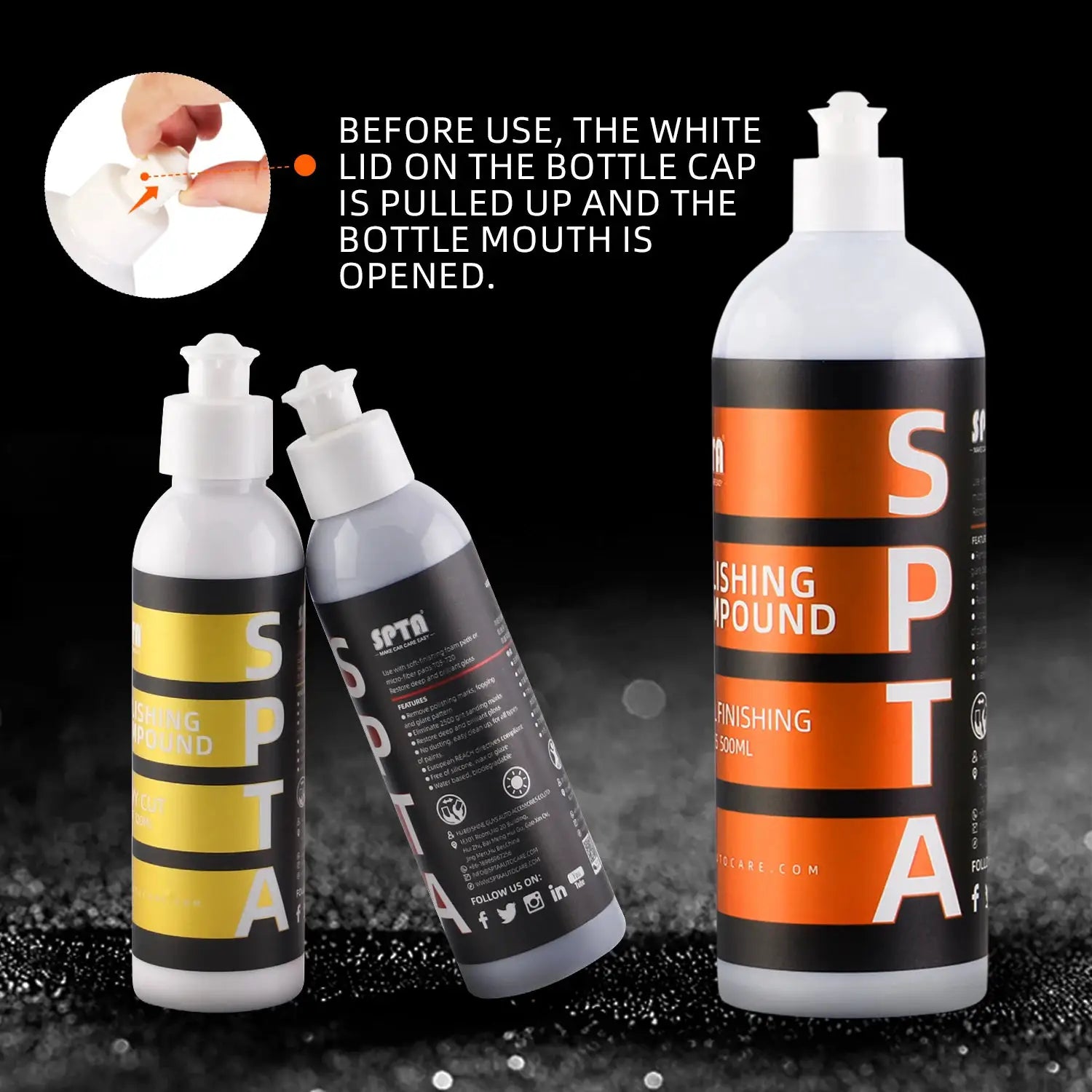 SPTA car finishing polishing compound bottles, 3-pack with yellow and orange labels