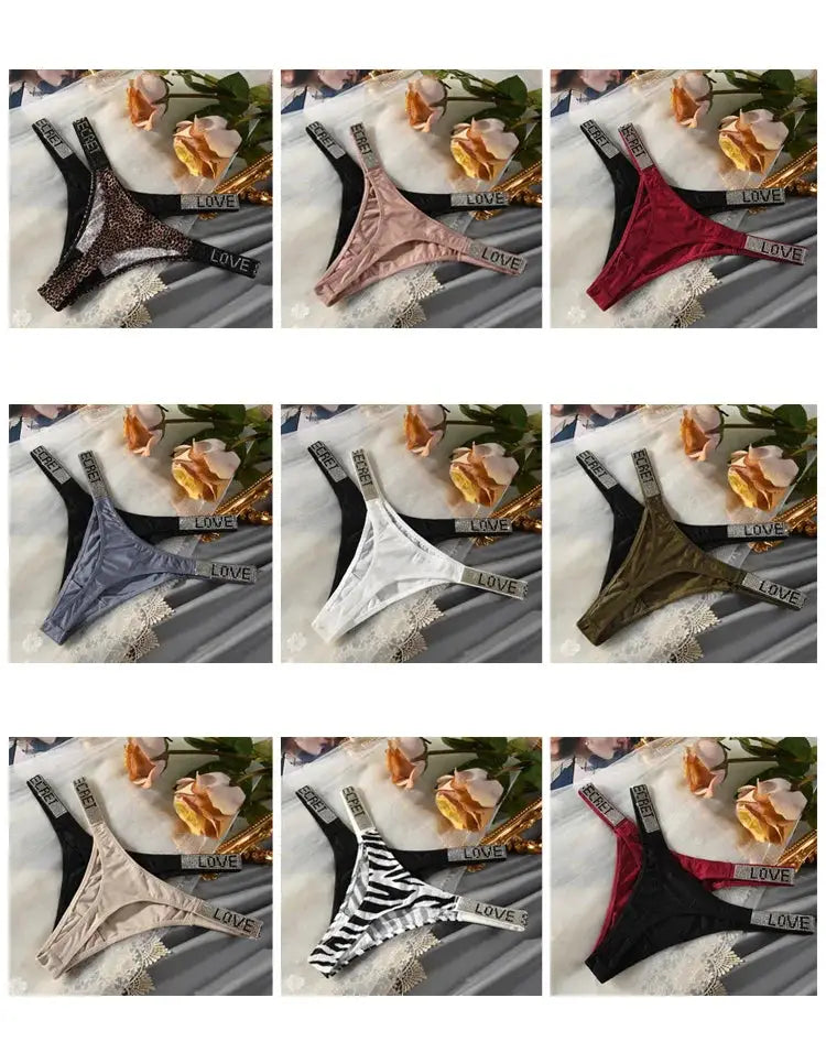 Low waist thong panties set in 9 colors with rhinestone letters LOVE on waistband