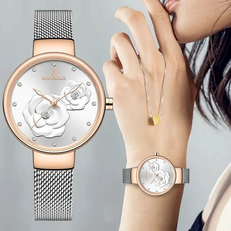 Naviforce women’s wristwatch with rose-gold case and silver mesh strap, floral dial with crystal markers (2 shown)