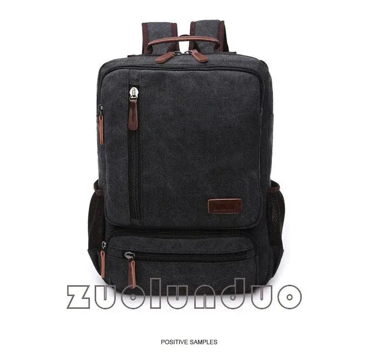 Vintage canvas backpack for men, dark gray with brown leather zipper pulls, large-capacity laptop travel bag