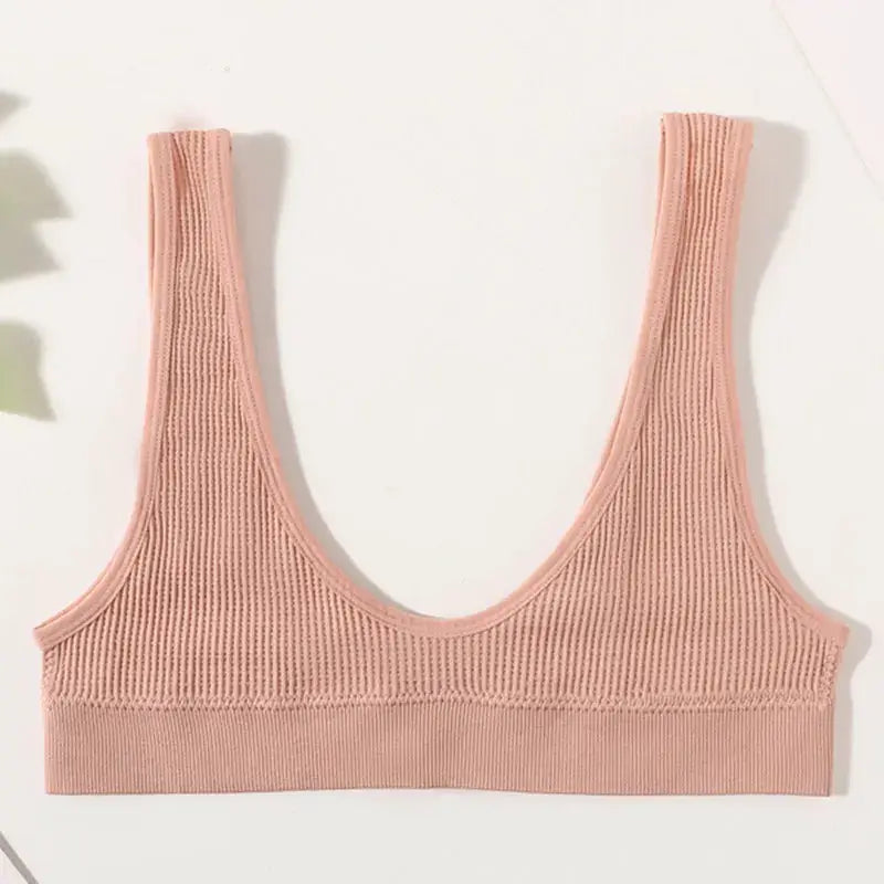 Women seamless ribbed bralette crop top in pink, non-wire, deep-U shape, M-XL