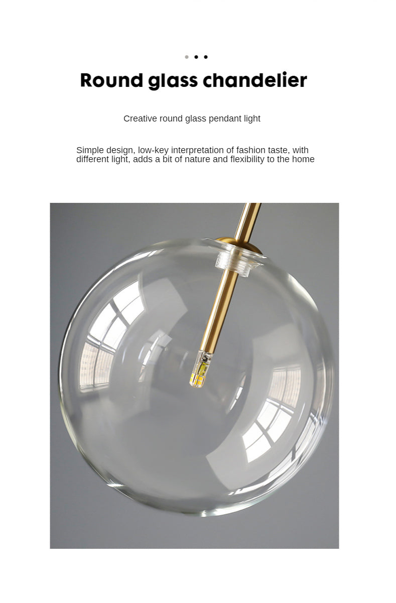 Round glass ball pendant lamp with gold suspension rod and built-in LED, modern Nordic home lighting