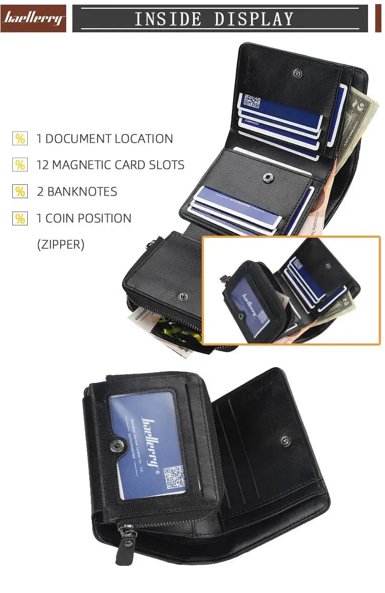 Men's PU leather zip wallet with 12 card slots and coin pocket, black, Simples Market