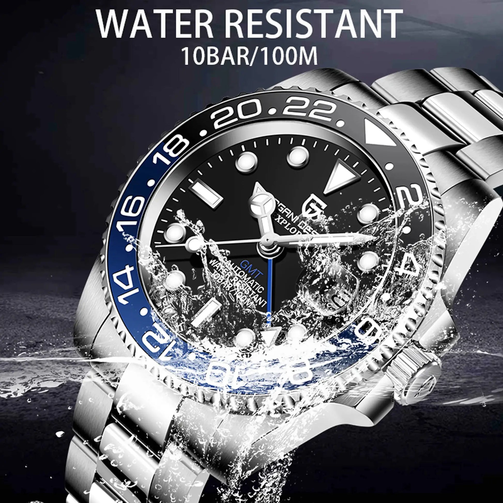 PAGANI DESIGN luxury men's GMT mechanical watch, stainless steel band, sapphire glass, water resistant 10BAR/100M