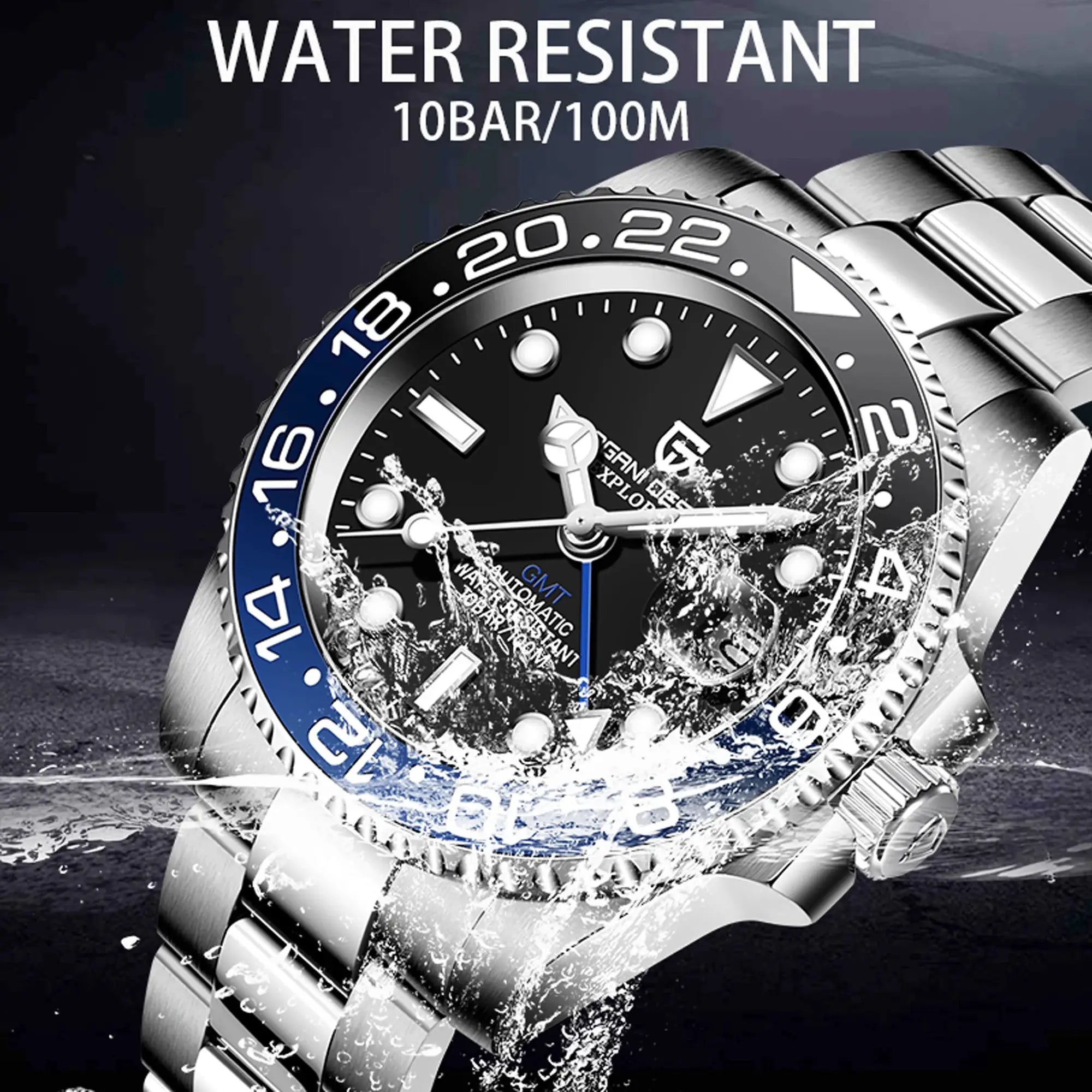 PAGANI DESIGN luxury men's GMT mechanical watch, stainless steel band, sapphire glass, water resistant 10BAR/100M