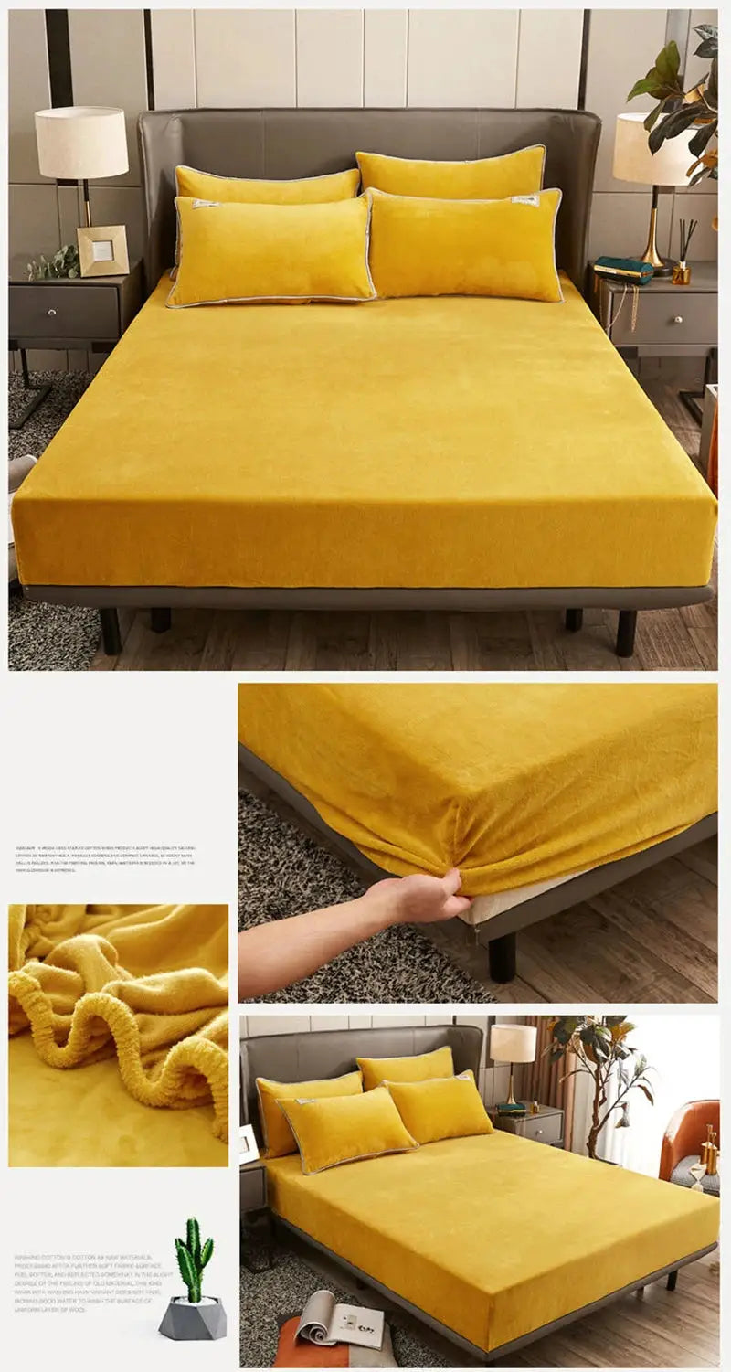 Plush fitted sheet set in mustard yellow with matching pillowcases on a gray bed, showcasing soft coral fleece texture.