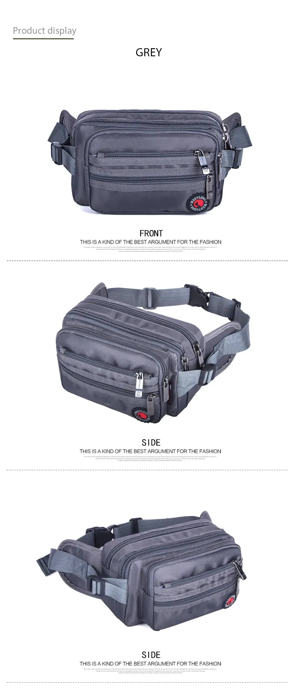 Grey waist pack with multiple zip pockets and adjustable strap, unisex fanny bag.