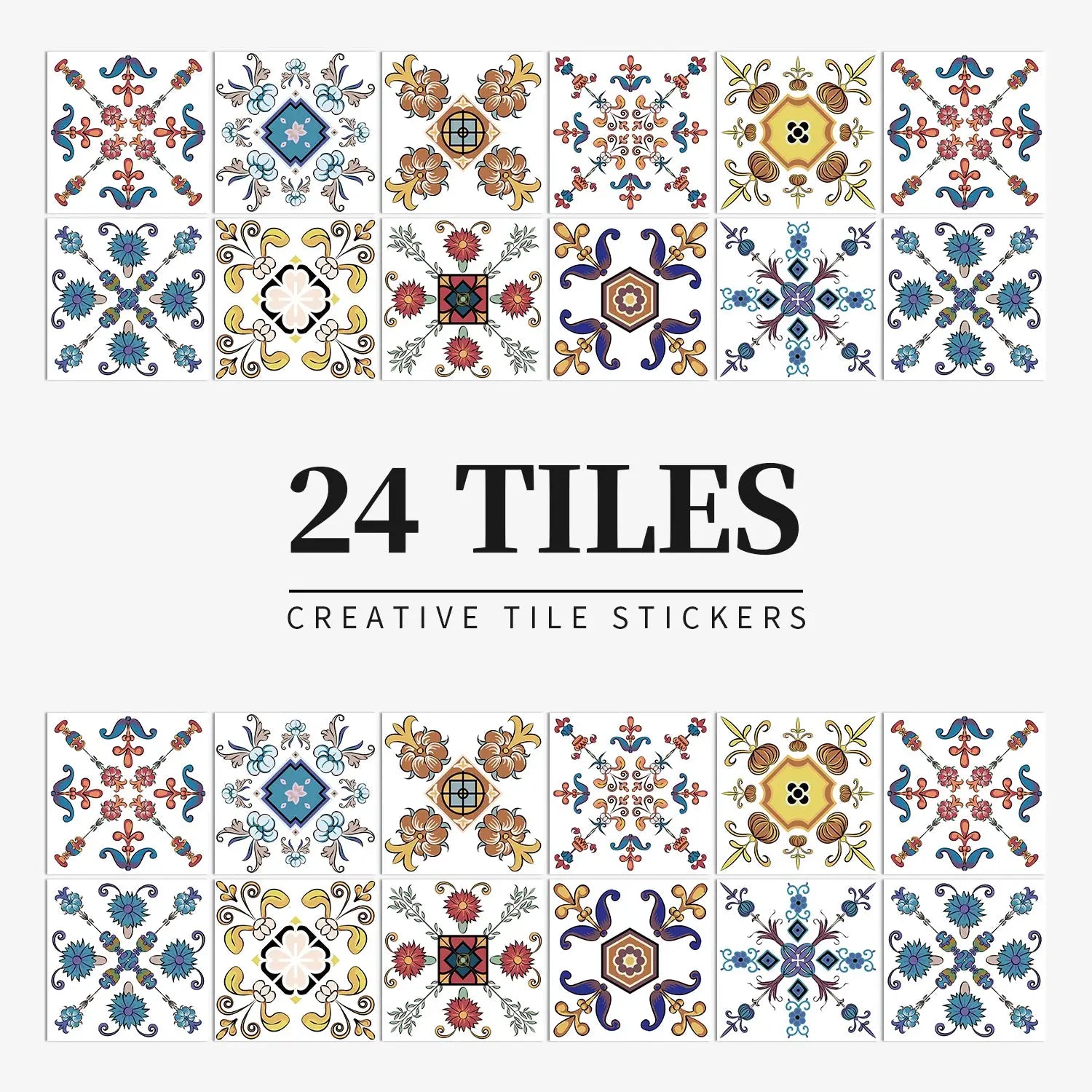 24-piece light-color tile sticker set featuring ceramic floral patterns for kitchen and bathroom walls