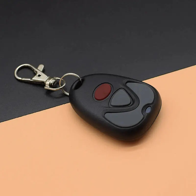 Garage door remote control, black oval keychain transmitter with red and gray buttons.