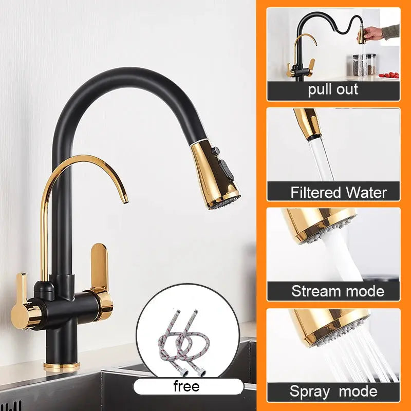 Simples Market matte black kitchen faucet with gold accents, hot and cold water, pull-out spray head, free hoses