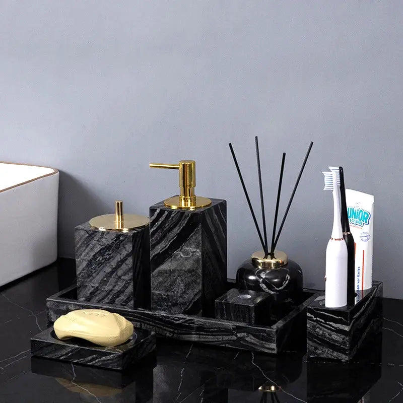 Ancient wood-grain black marble bathroom set with gold accents; dispenser, toothbrush holder, diffuser, soap dish