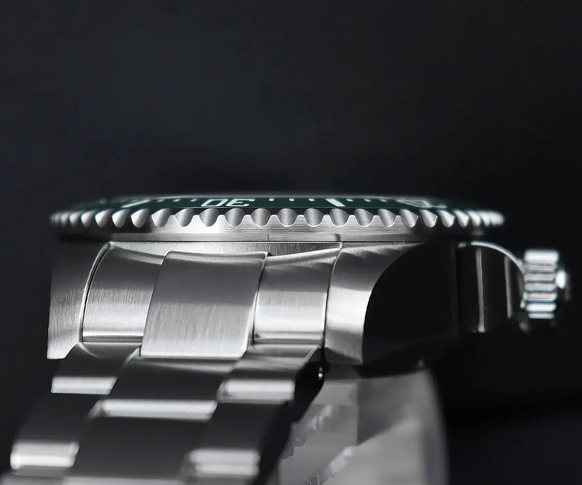 Cronos automatic diving watch with stainless steel bracelet and green bezel