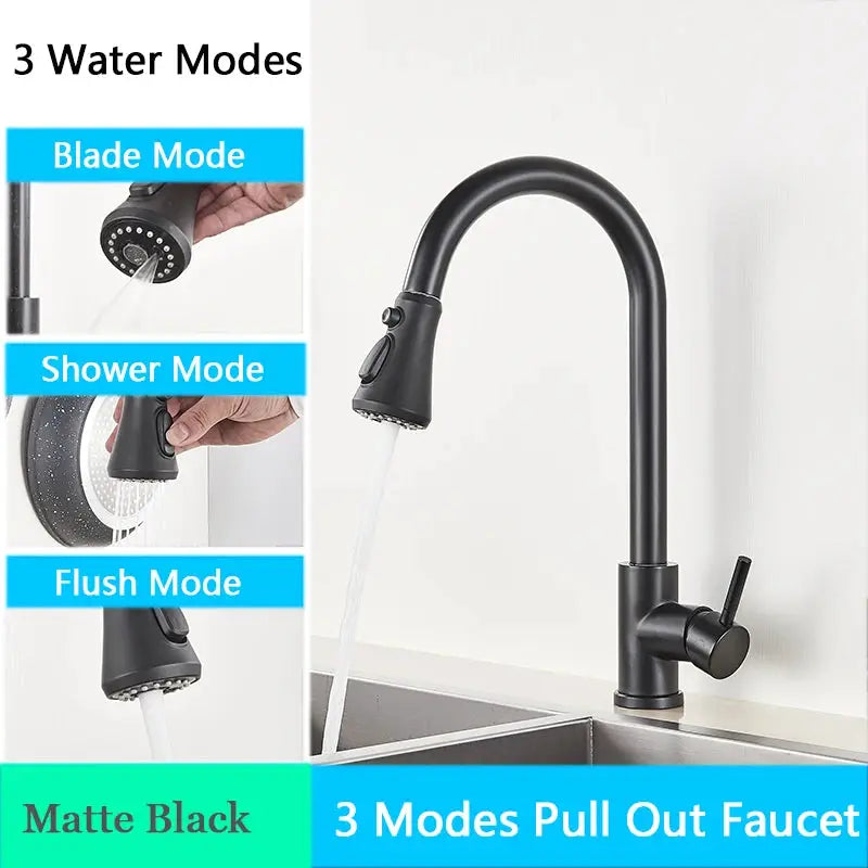 Matte black pull-out kitchen faucet with three spray modes: blade, shower and flush