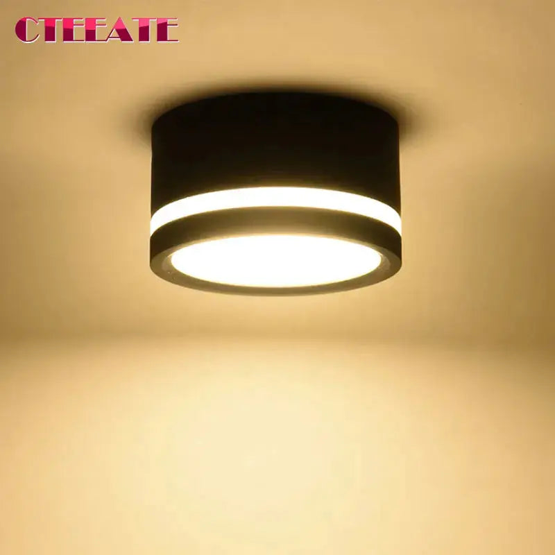 LED surface-mounted downlight ceiling lamp, black cylindrical fixture with circular LED ring, CTEEATE