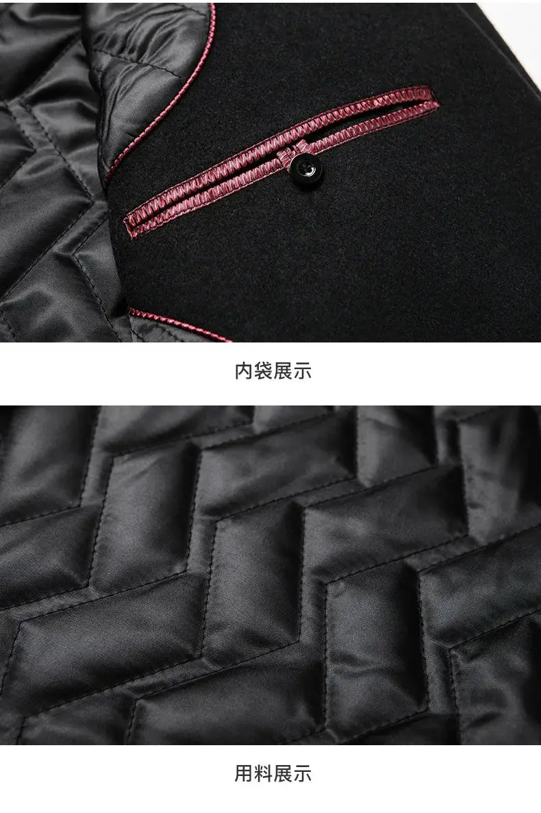 Men's winter wool coat by Simples Market, black wool-blend trench with red piping on pocket seam and quilted lining