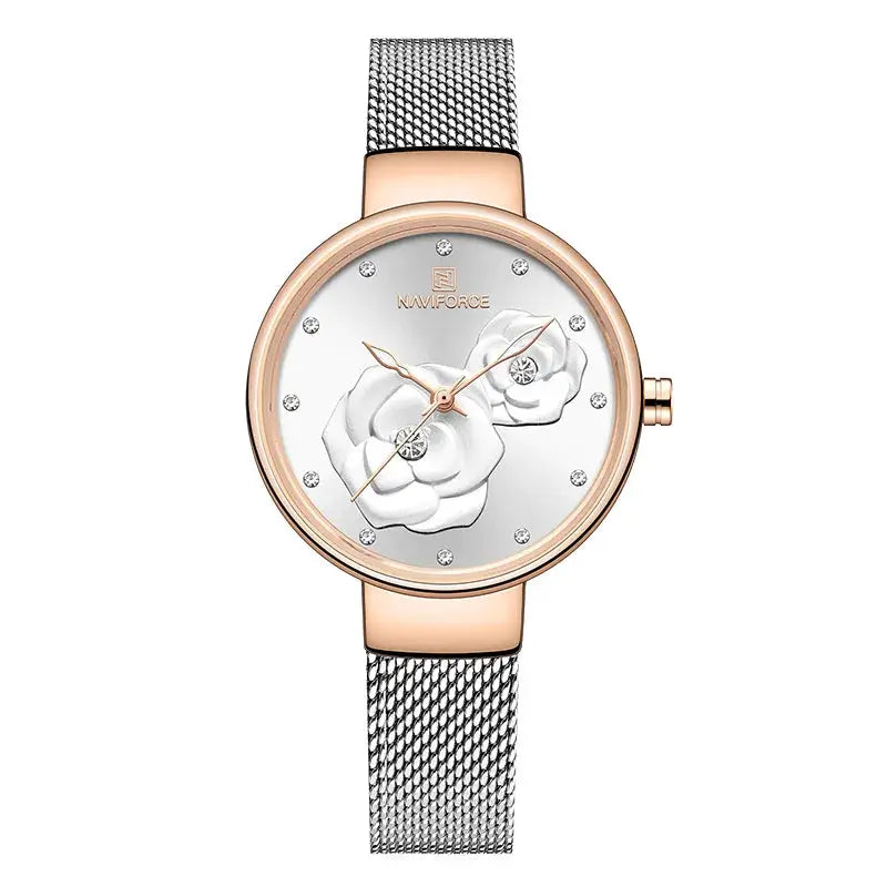 Women’s Naviforce rose gold-tone steel mesh watch with silver dial and floral motif crystal markers