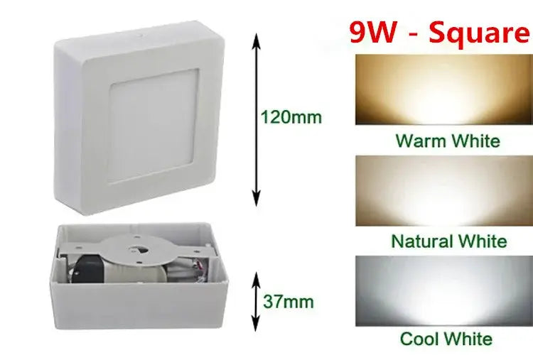 LED panel light 9W square, white finish with warm, natural, or cool white options for ceiling lighting