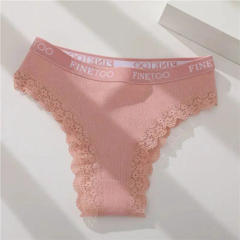 Pink cotton lace panties by Finetoo, women's Brazilian-style seamless underwear, ribbed fabric, sizes M-XXL