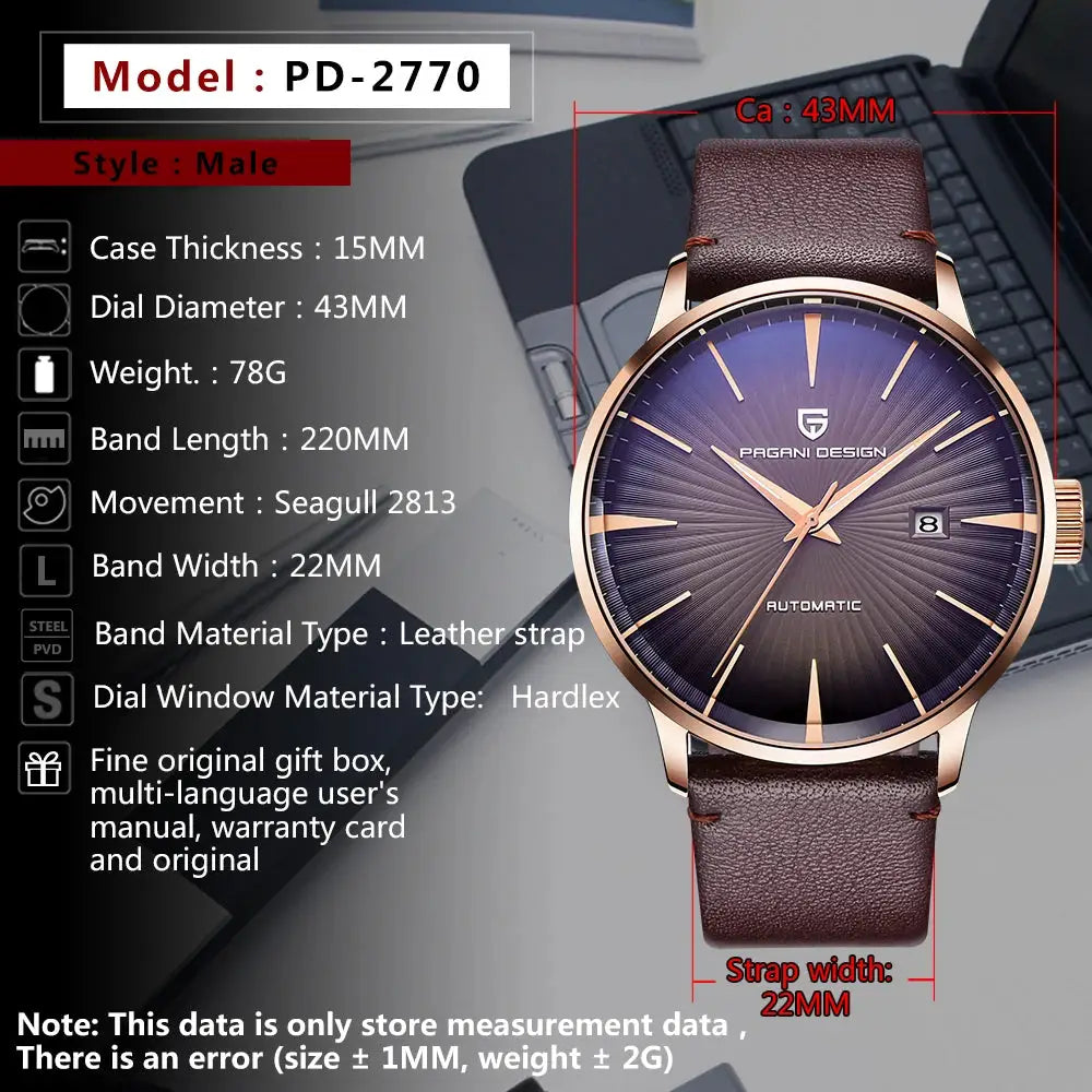 Pagani Design PD-2770 men's automatic watch with gold-tone case and blue sunburst dial.