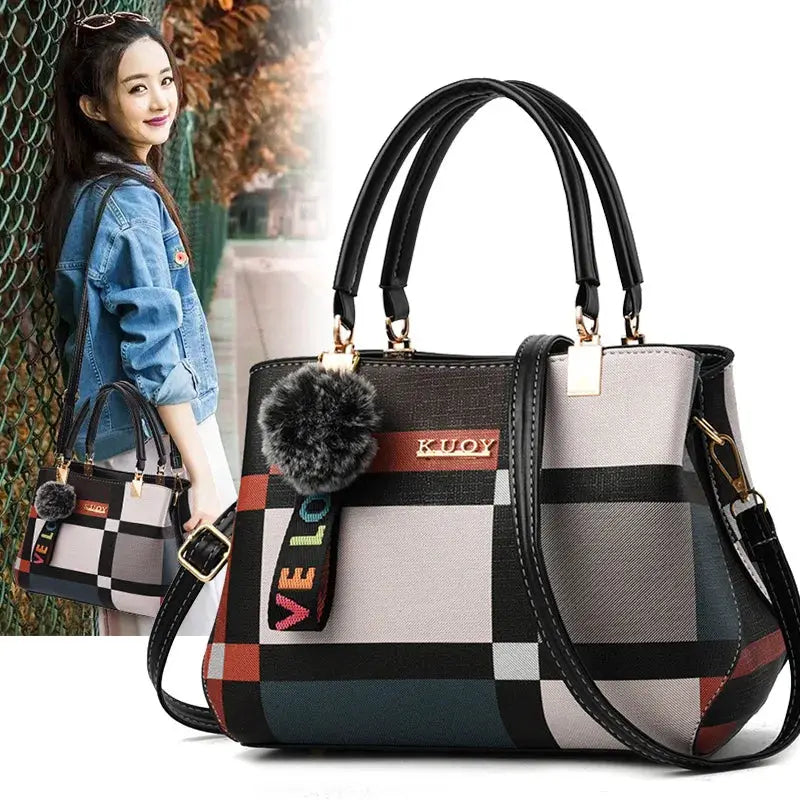 Two PU leather designer handbags KUOY with geometric patchwork, black handles, gold hardware, and a pom-pom keychain