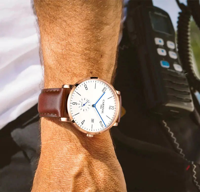 Carnival men's watch with brown leather strap, white dial, blue hands, rose-gold case