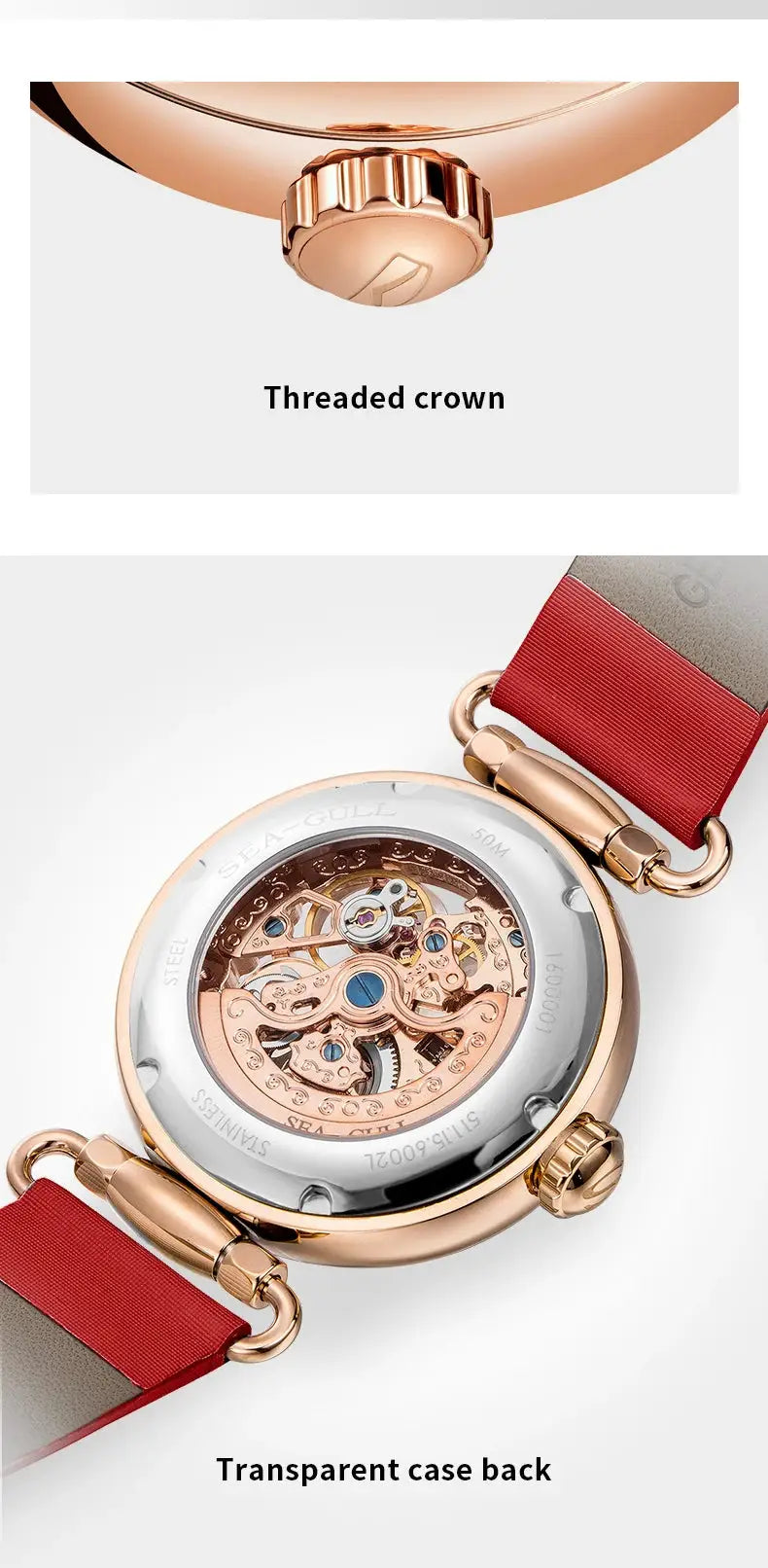Seagull women's skeleton automatic watch with red leather strap and rose-gold case, transparent back
