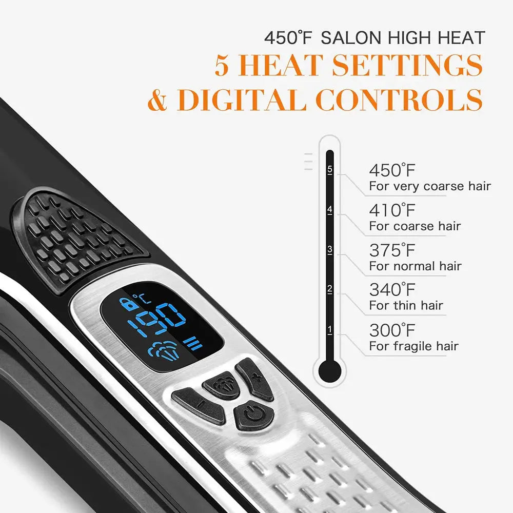 Professional hair straightener steam flat iron with black and silver body, digital display and 5 heat settings.