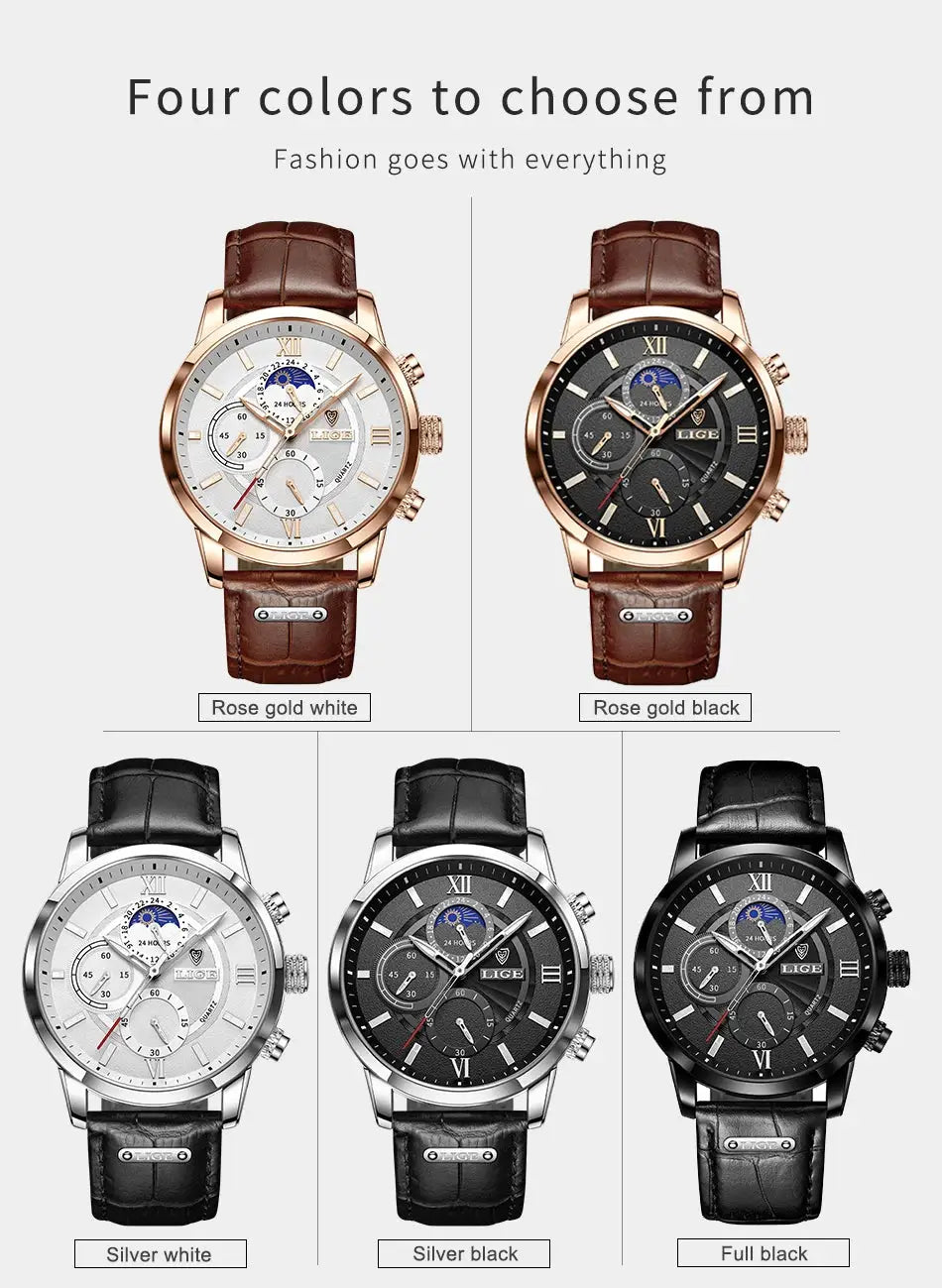 LIGE men's luxury leather quartz watches set; 5 pieces on brown and black straps with rose gold, silver, and black dials
