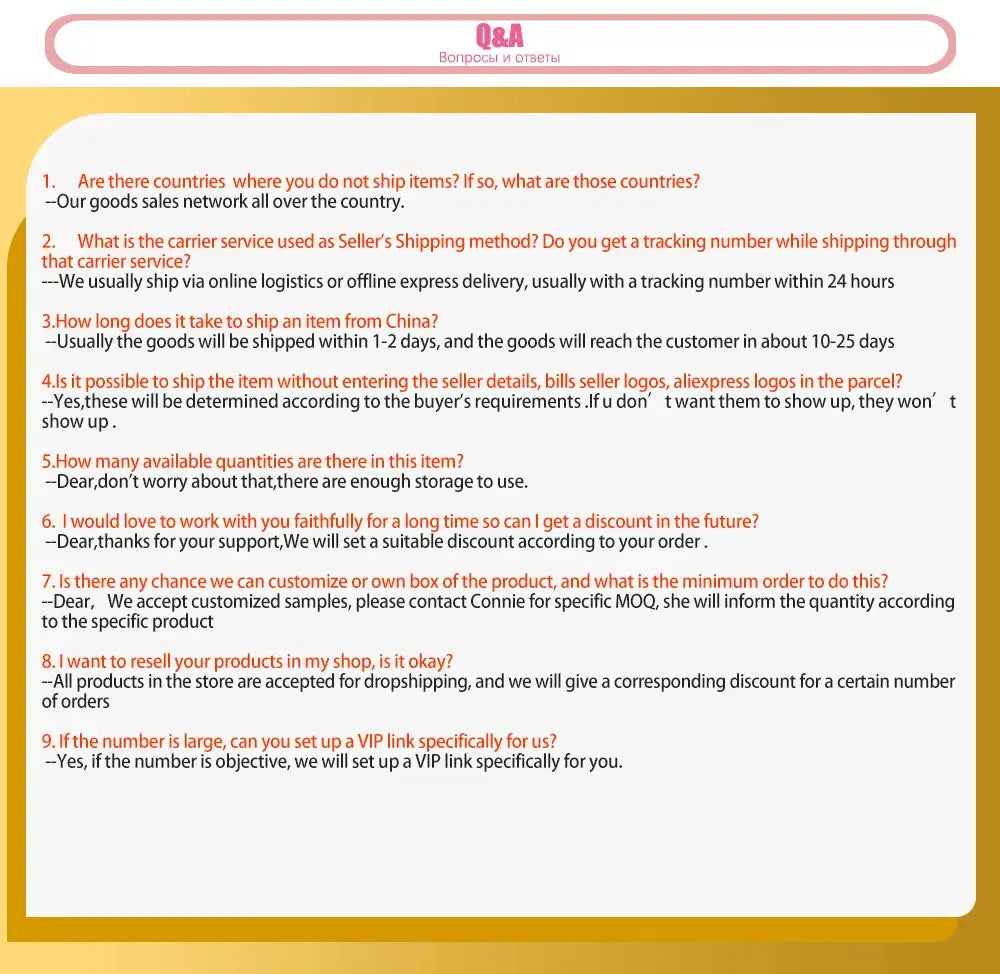 Q&A page showing nine orange order questions, pink header, white card, and gold border.