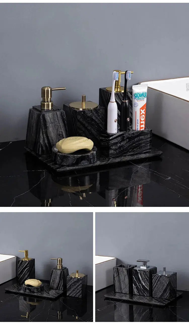 Ancient Wood Grain Natural Marble Bathroom Set in black with gold hardware; soap dispenser, toothbrush holder, and tray