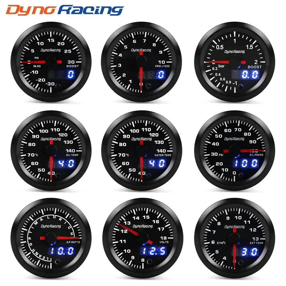 DynoRacing 2-inch 52mm LED dual-display car gauge cluster set (9 gauges, 7-color LED)