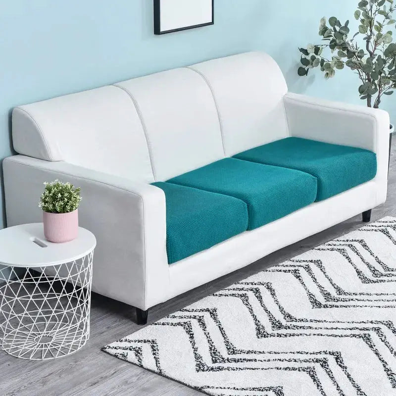 Simples Market sofa seat cushion covers in teal stretch fabric (set of 3) on white sofa