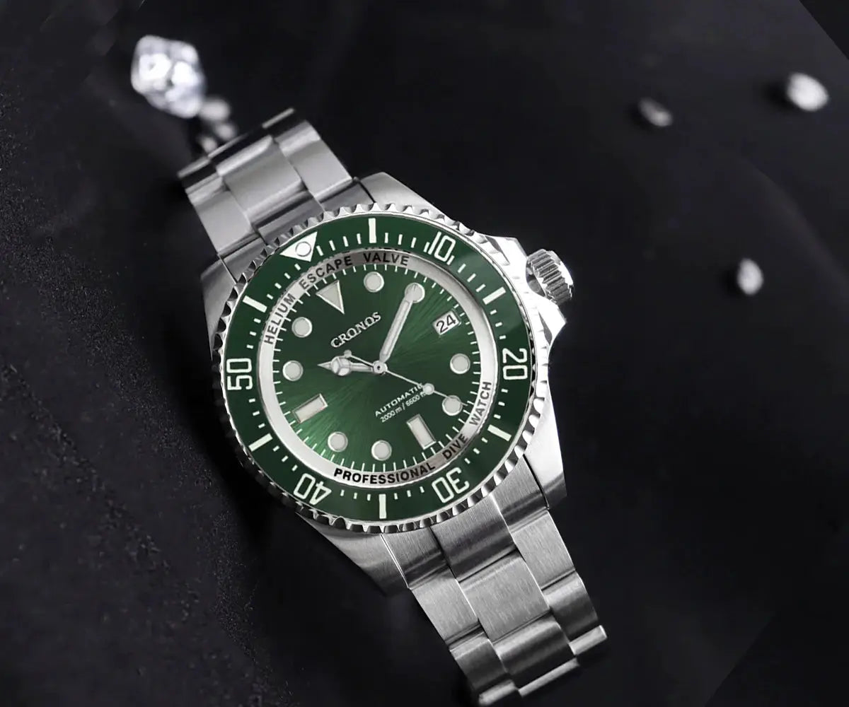 Cronos automatic diving watch with stainless steel bracelet, green dial, 2000m water resistance
