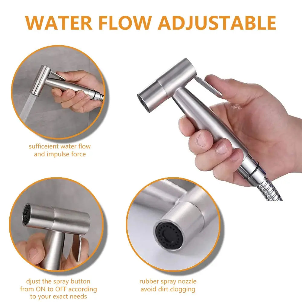 Stainless steel handheld toilet bidet sprayer with adjustable water flow and rubber nozzle