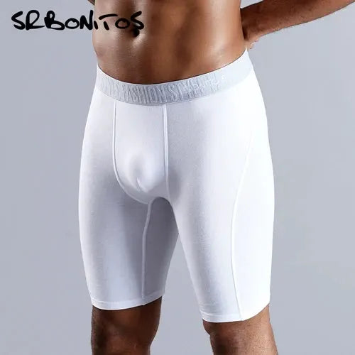 Men's white cotton long-leg boxer shorts with SRBONITOS waistband logo