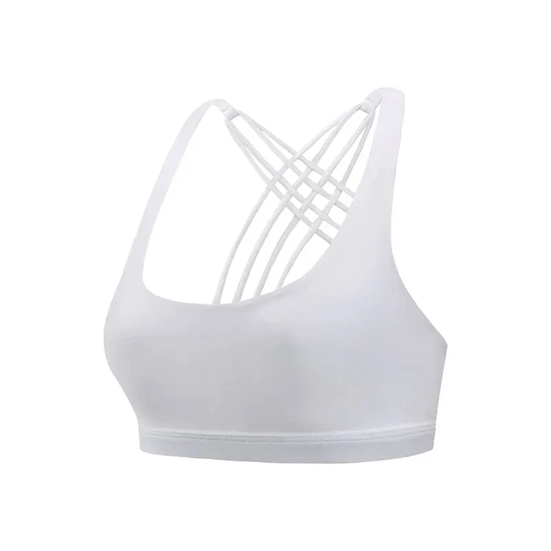 White women's fitness sports bra with cross-back lattice straps by Simples Market.