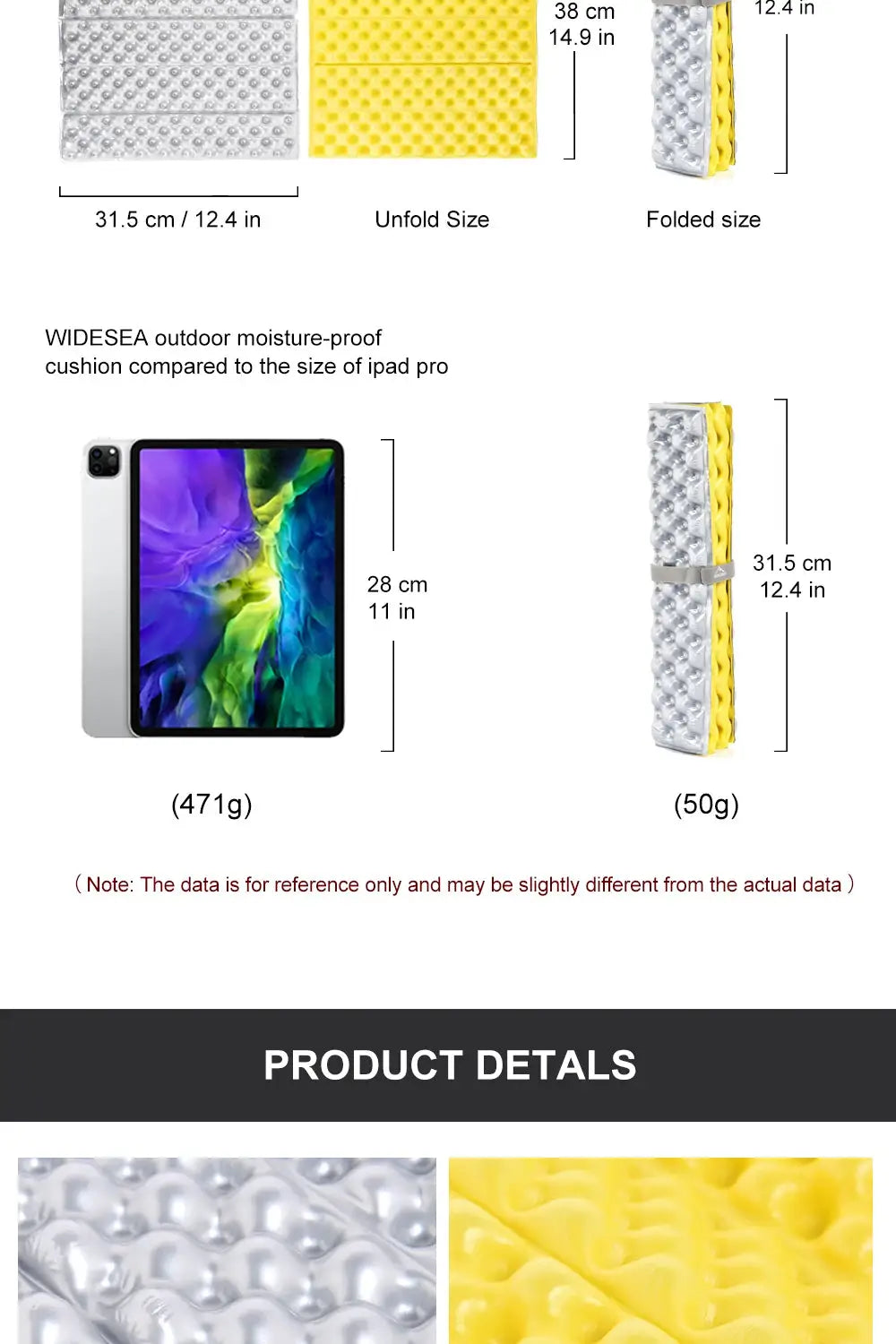 Widesea outdoor foldable mat seat; ultralight waterproof XPE foam cushion, yellow and silver, portable camping pad