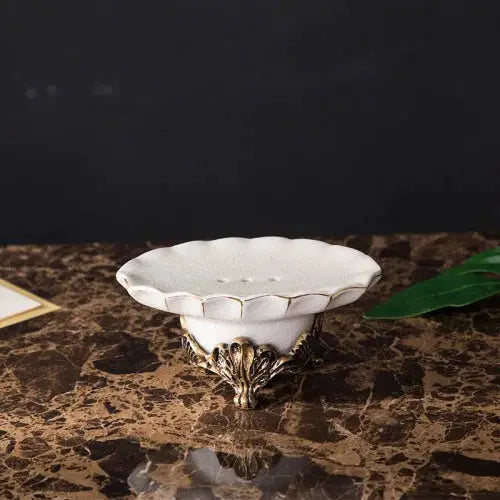 Soap dish, white ceramic with an ornate bronze pedestal for Simples Market bathroom decor