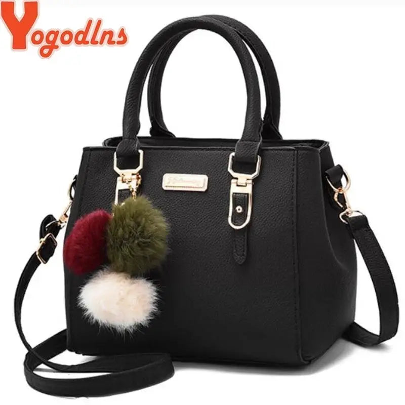 Yogodlns Beading Pendant Handbag Soft PU Leather Embossed Detailing Hairball Pendants Casual Tote With Compartments