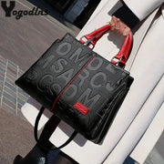 PU leather crossbody tote bag for women, black with embossed letters and red top handles by Simples Market