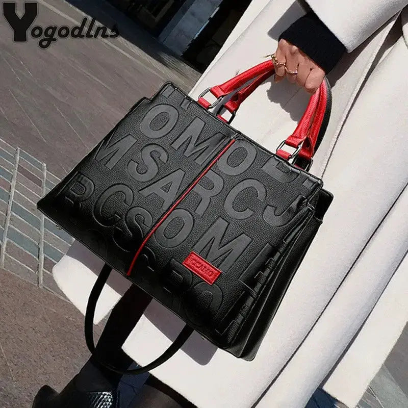 PU leather crossbody tote bag for women, black with embossed letters and red top handles by Simples Market