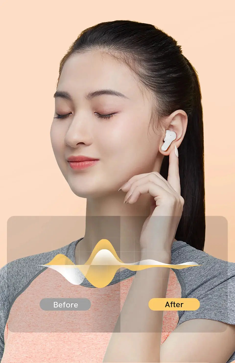 QCY T13 wireless earbud, white in-ear TWS headset shown worn in model’s ear