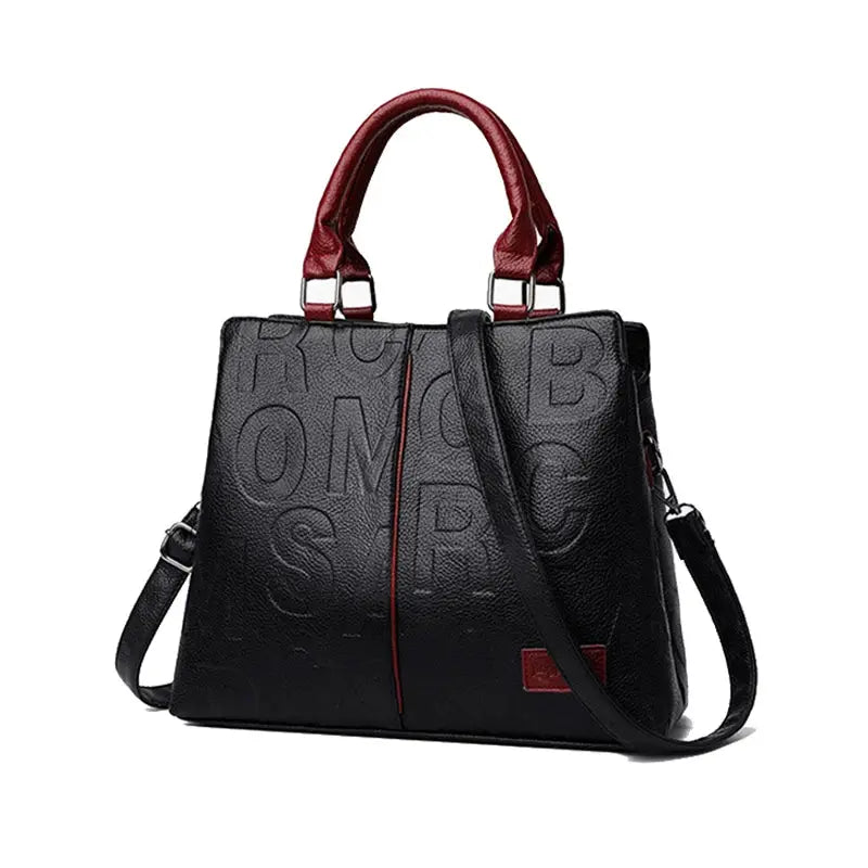 Simples Market PU leather crossbody bag for women, black with red top handles and detachable shoulder strap