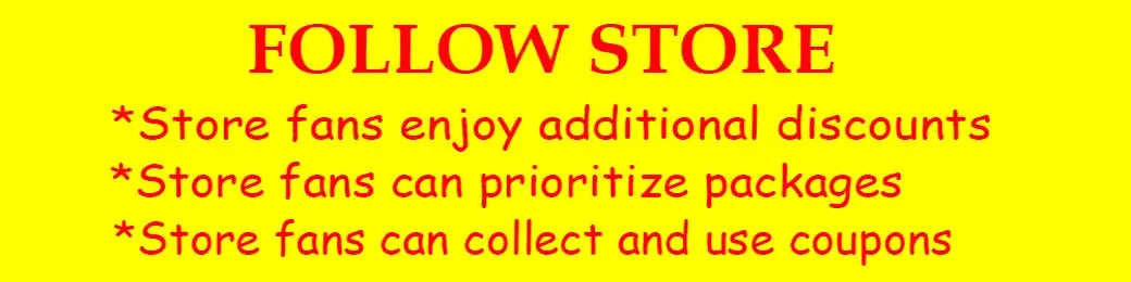 Promotion banner: FOLLOW STORE on yellow background with red text about discounts, prioritized packages, and coupons.