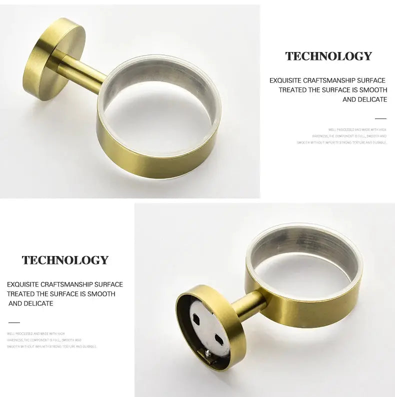 Bathroom hardware set in brushed gold by Simples Market; wall-mounted circular ring holder.